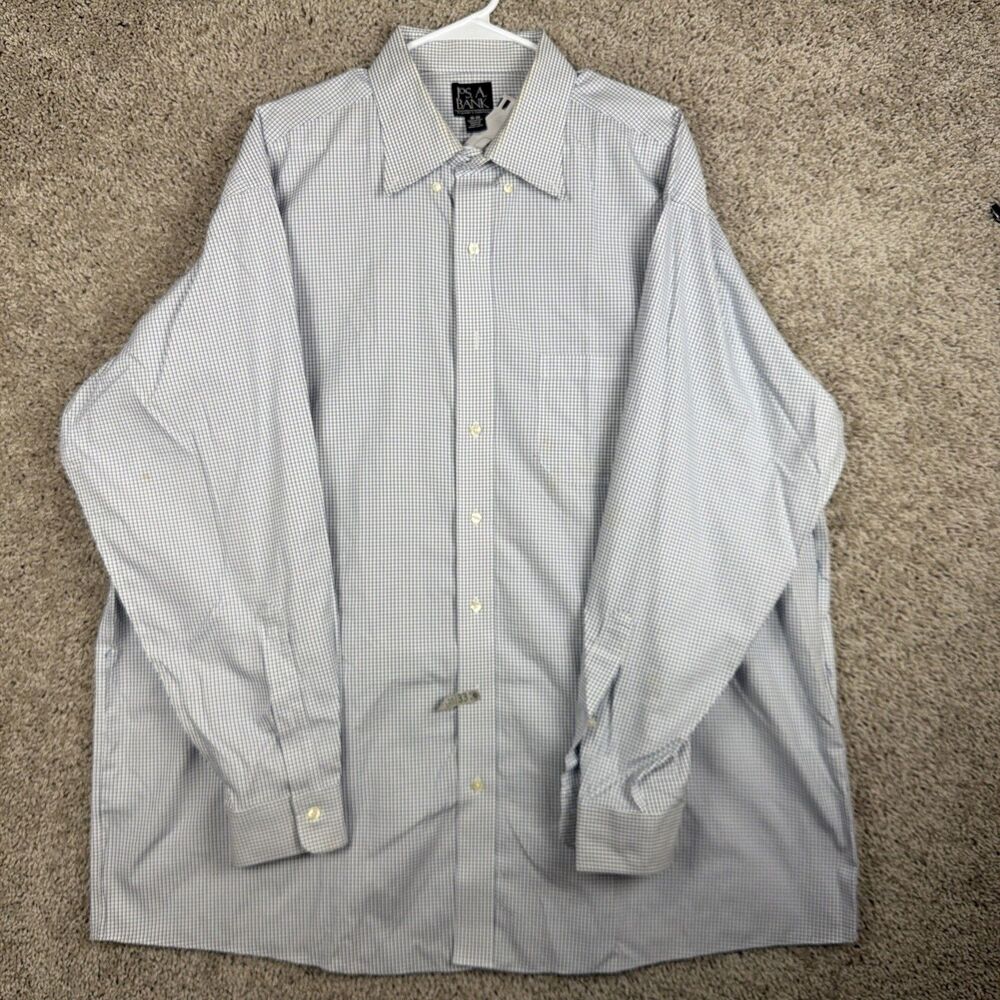 Jos A Bank Traveler Shirt Mens 18-35 Blue Micro Check Button Down Long Sleeve